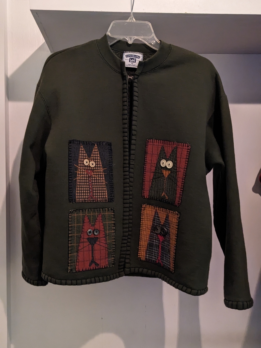 Vintage Green Jacket with Cat Patch Panels Homemade Whimsical Grannycore